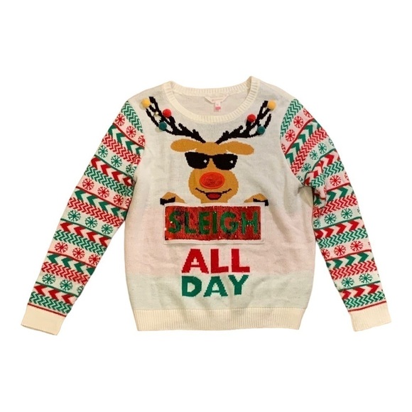 💰No Boundaries "Sleigh/Sleep All Day" Christmas Sweater w Sequins Pompoms - XXL - Picture 1 of 13
